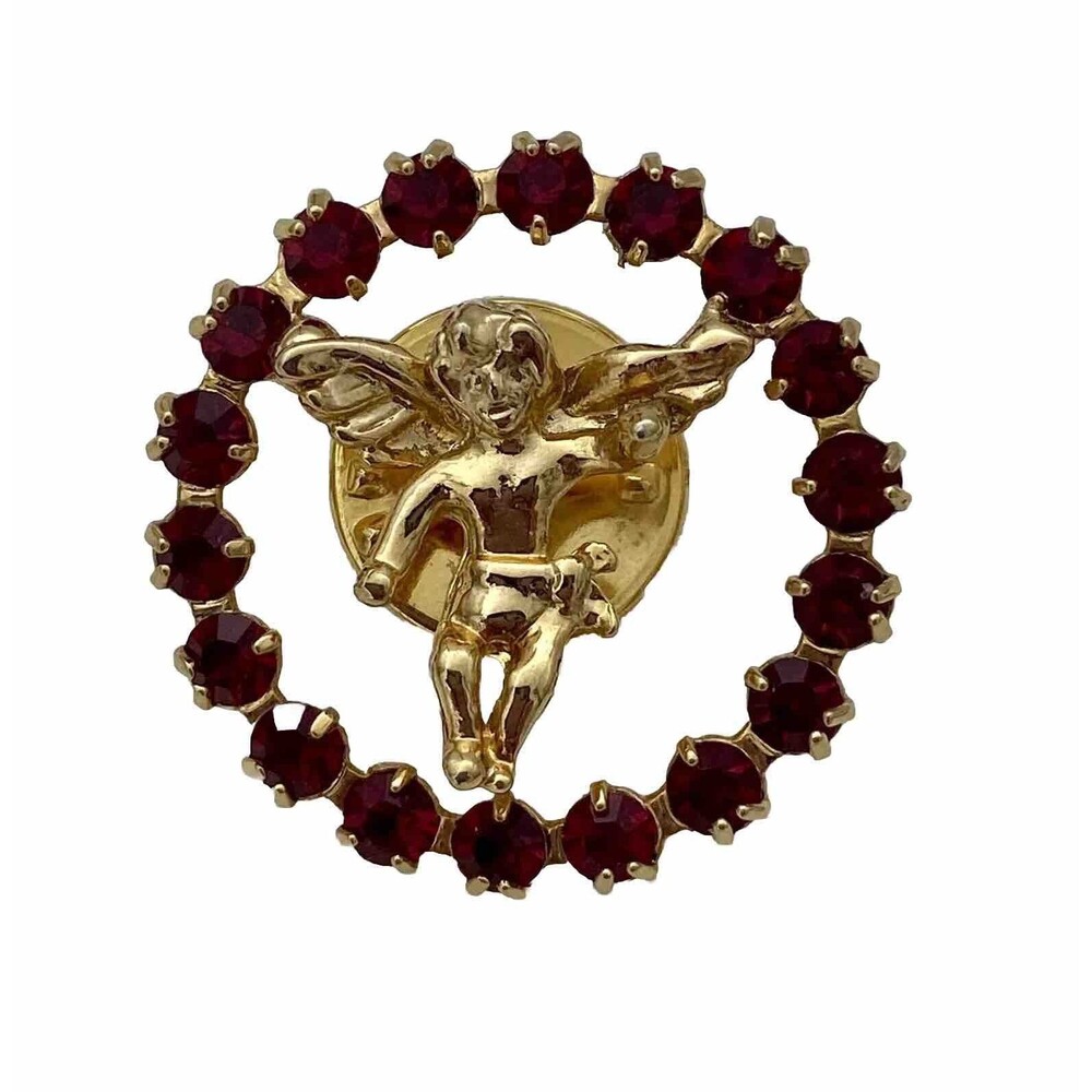 VTG Ballou Reg’d Guardian Angel/Cherub Gold Tone & Red Rhinestone Lapel Tack Pin